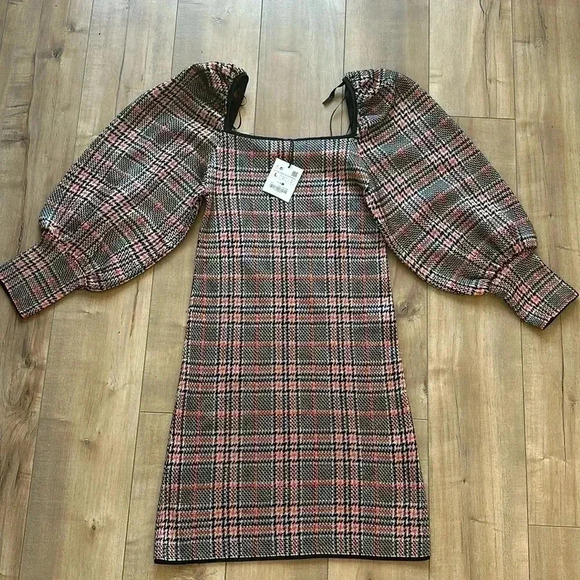 NWT Zara Bodycon Houndstooth Plaid Knit Dress Boat Halter Neck Black/Orange Sz L - Picture 10 of 16